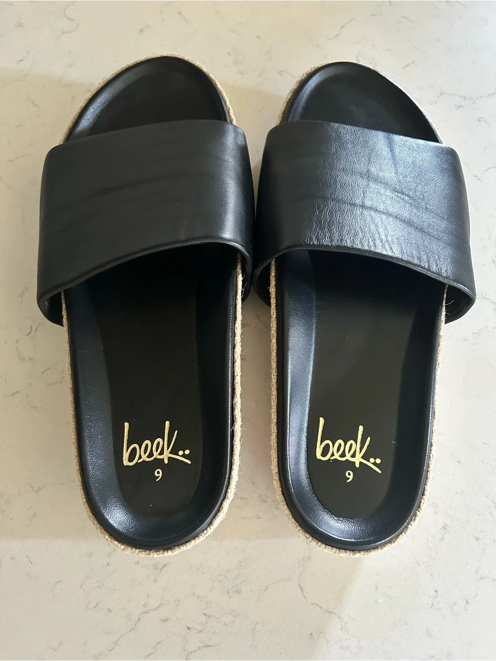 Like New Beek Pelican Jute Black Leather Platform Slide Sandals